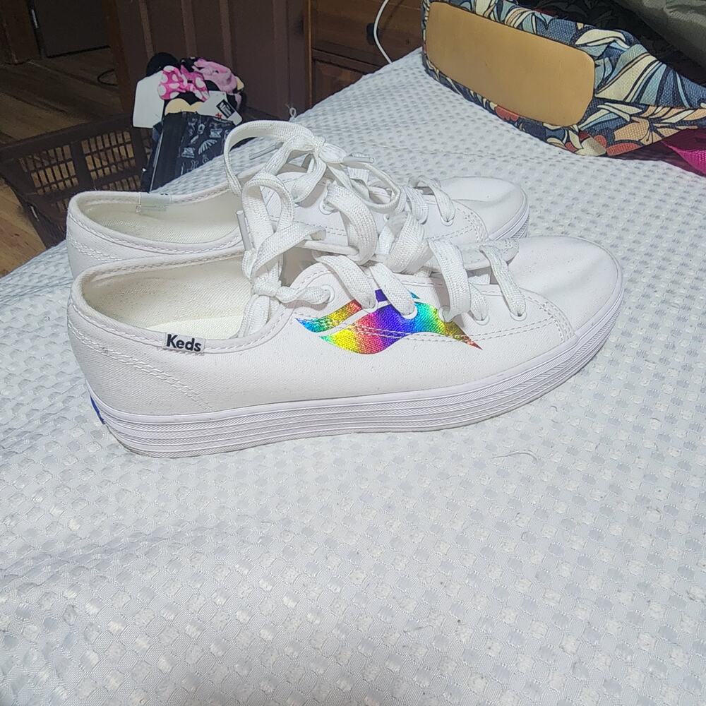 KEDS EUC WOMENS SZ 9 TRIPLE KICK PLATFORM RAINBOW CANVAS SNEAKERS SHOES